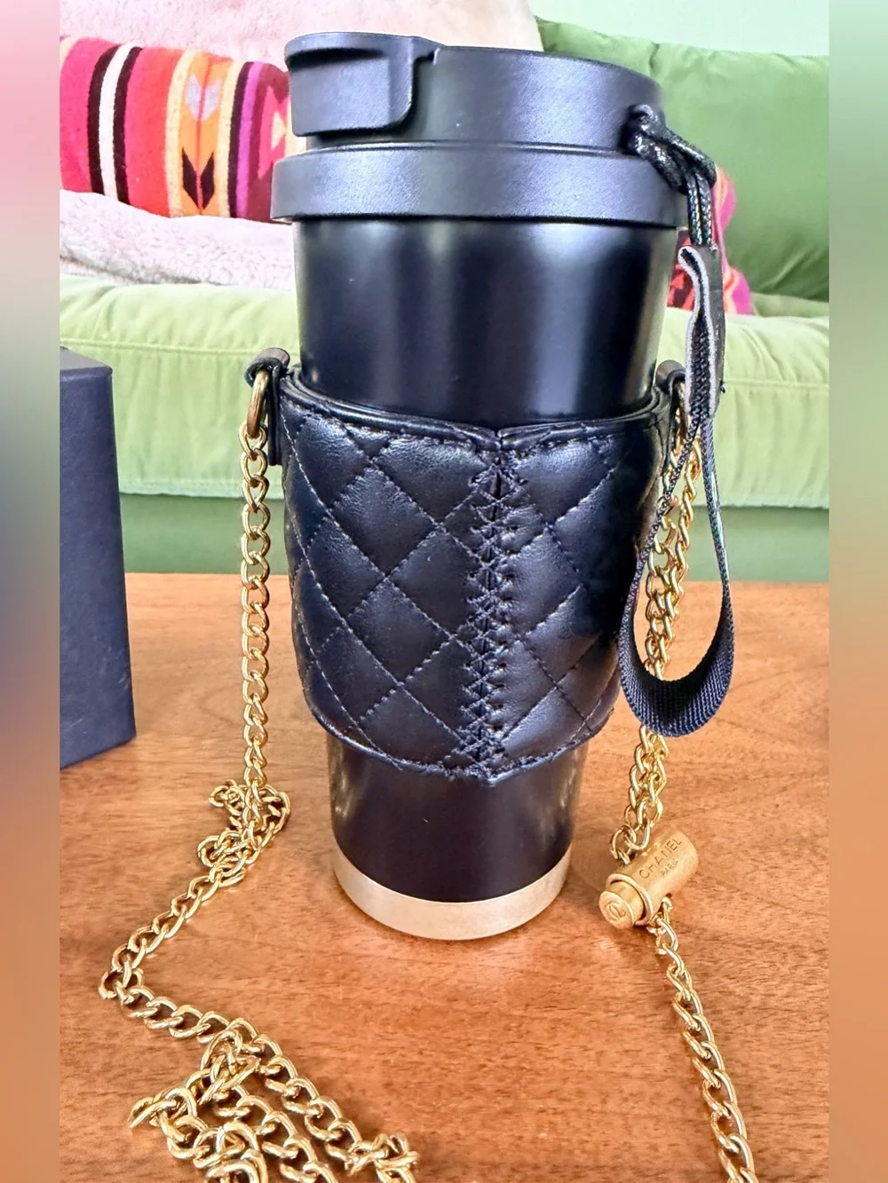 NIB Chanel Makeup Black ‘CC’ Hot/Cold Thermos w Black ‘CC’ Sleeve/Link Chain